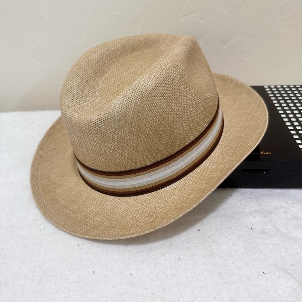 Montana tan canvas fedora hat, stripe band, made in Columbia XL 23” cigar bar‍﻿﻿